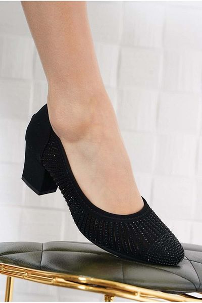 KCMN Feles Laser Detailed Stoned Pantofi cu toc de damă clasici BLACK-SUEDE