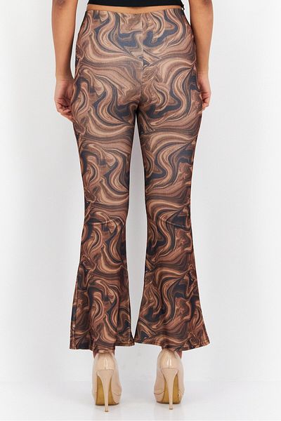 New Look Women Petite Marble Print Pull-on Flare Leg Pants, Brown Combo