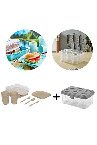 Piev Urve 6-Person Camping Travel Picnic Set and Tea Cup Carrying Apparatus Container 2 in 1 Cappucci
