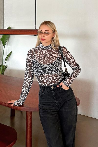 Swist Black and White Crispy Patterned Long Sleeve Tulle Transparent Women's Blouse