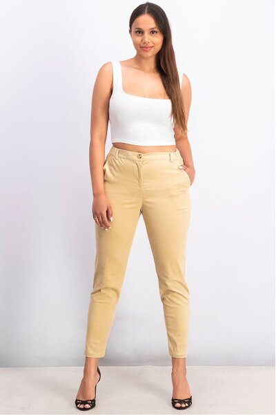 Esprit Women Regular Fit Side Pocket Corduroy Pants, Khaki