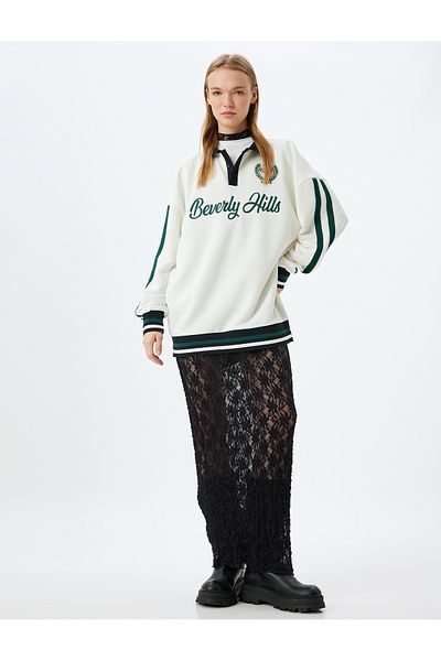 Koton Oversize Polo Collar Sweatshirt - College Embroidered, Stripe Detailed, Buttoned