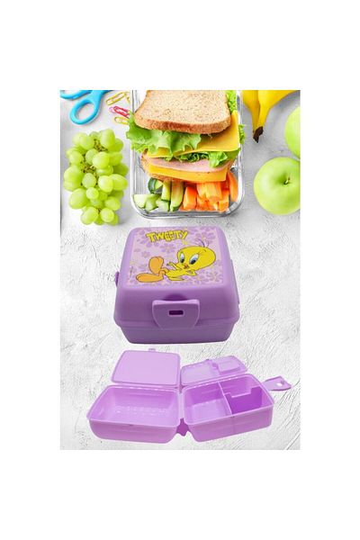 Piev Lilac Tweety Feeding Bowl - 2 Compartments, Lock and Fork Spoon