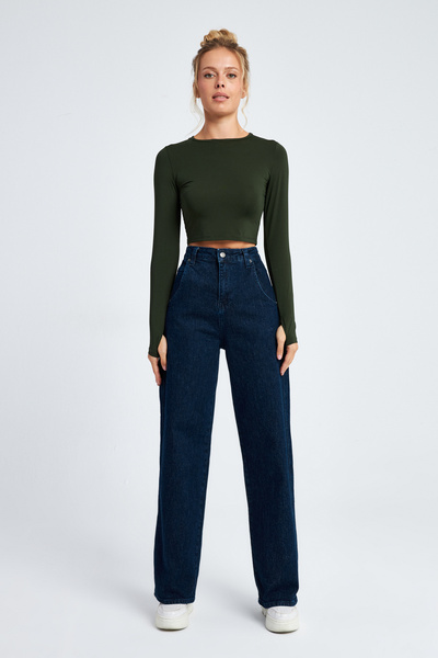 cracpot Kadın Wide Leg Yüksek Bel Enzim Yıkamalı %Pantolon100 Cotton Geniş Pa...