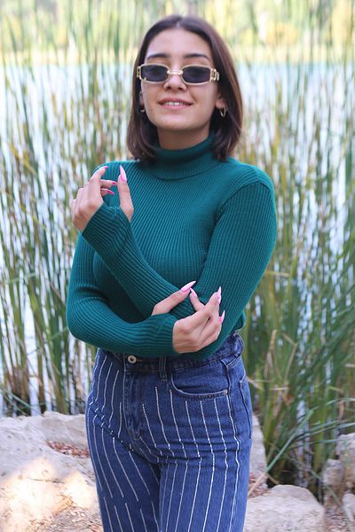 İpli Turtleneck Fingered Khaki Women's Sweater