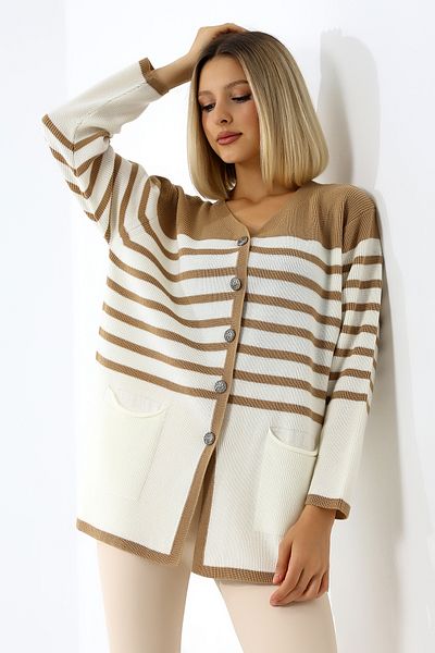Devinka Cardigan de damă, cu buzunare, cu nasturi, mărime standard, cu dungi de sezon