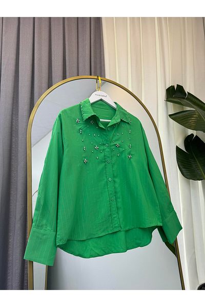 modabetce Rhinestoned Women's Shirt with Thick Cuff Detail