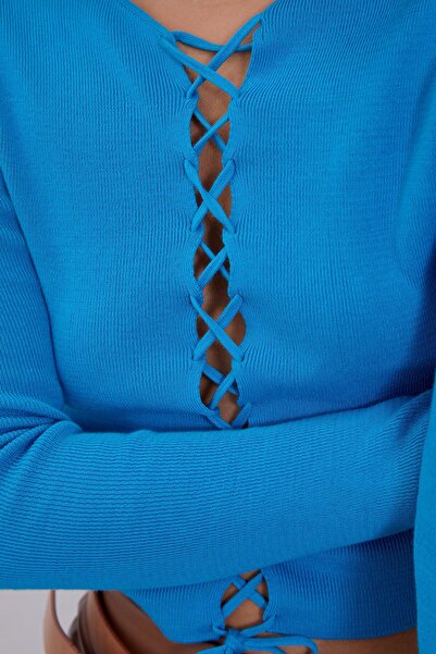 SHERIN Turquoise Brit Detailed Long Sleeve Knitwear Sweater