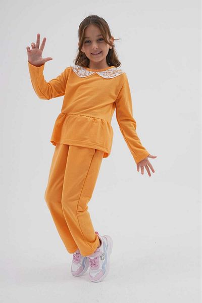 DEVRİMAY TEKSTİL Yellow 2-Piece Lace Detailed Tracksuit Set for Girl - Medium Thickness, 2 Thread