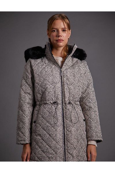 Kayra Stone Colored Abstract Patterned Faux Fur Coat