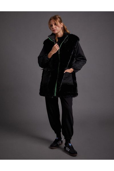 Kayra Faux Plush Garnished Coat Black