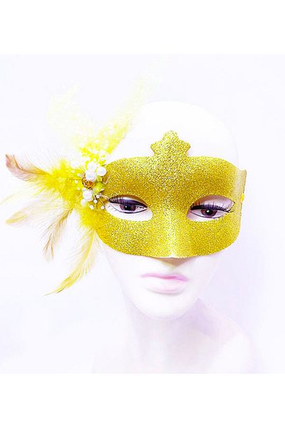 CEKAVE Glitter Embroidered Pearl Bead Detailed Feather B Mask Gold Color 13X18 cm