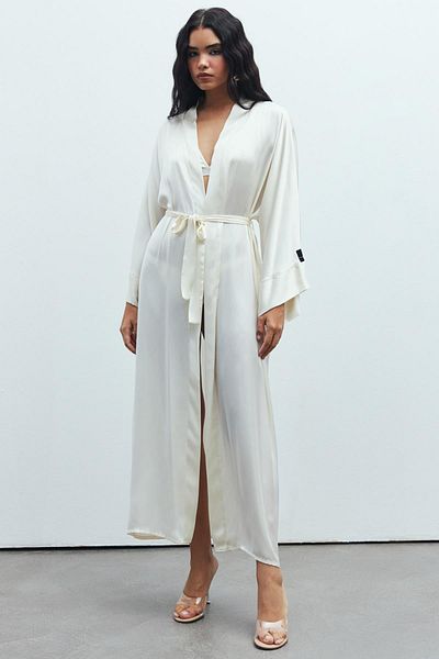 Feu De Elu Ecru Long Satin Dressing Gown -FrappantKimono
