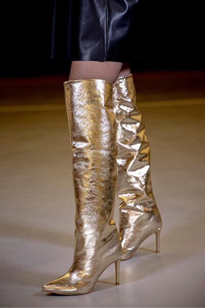 FSKOMBİN Graceful Women's Gold Metallic Above Knee Thin Heeled Boots