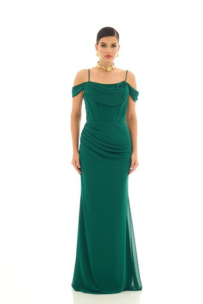 Carmen Rochie de seara lunga din sifon smarald - Rochie cu bretele
