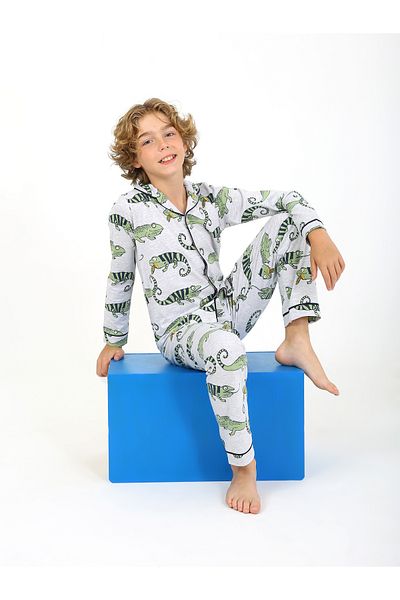 vitmo Boy's Pajama Set Buttoned Tropical Pattern Long Sleeve