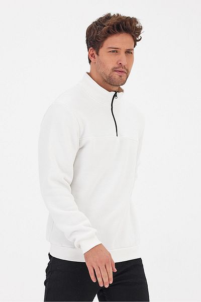 CLIPMAN White Men's Sweatshirt - Comfortable Fit, Half Zipper, 3 Thread