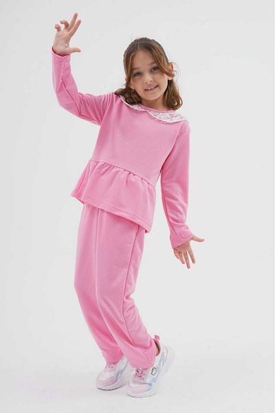 DEVRİMAY TEKSTİL 2-Piece Lace Detailed Girl's Tracksuit Set - 2 Thread Pink Medium Thickness