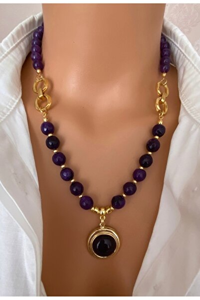 TARZ-I TAKI Altın Kaplama Ve Doğal Taş Mor Ametist Taşı Halka Detay Çerçeveli...