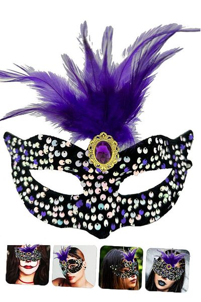 Wovna Colorful Sequined Sequin on Black Velvet Purple Feather Purple Stone Party Mask 19x21 Cm