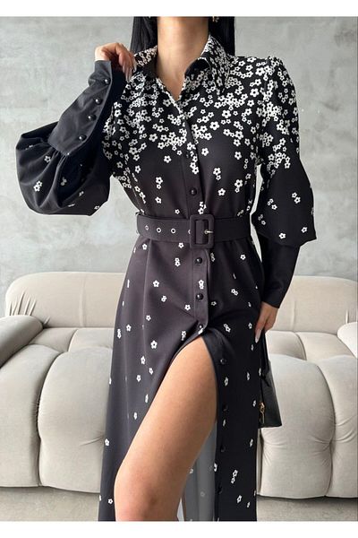 WellWay Rochie din stofă Atlas (CUREA INCLUSĂ)-negru-4229