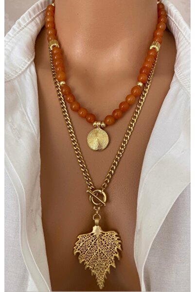 TARZ-I TAKI Kadın DOĞAL TAŞ TURUNCU Akik Çelik Zincir Sonbahar Kolye İKİLİ