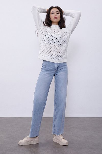 SHERIN Ecru Half Turtleneck Knitted Patterned Knitwear Sweater Swk4361ek