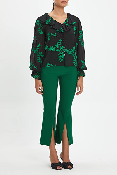 SERPİL Fırfır Yaka Önden Düğmeli Nakışlı Kol Ucu Volanlı Siyah Yeşil Gömlek 3...