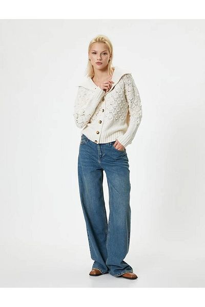 Koton Openwork Knitwear Knitted Cardigan - Long Sleeve, Stand Collar and Button