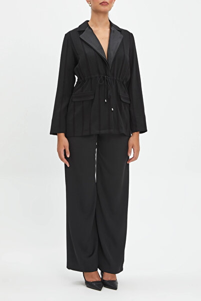 SERPİL Çizgili Cep Kapak Detaylı Belden Bağcıklı Siyah Ceket 40282