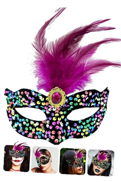 Wovna Colorful Sequined Pink Feather Pink Stone Party Mask on Black Velvet 19x21 Cm