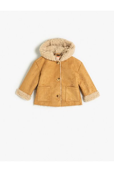 Koton Suede Look Hooded Jacket - Plush Lined and Pocket Detailed