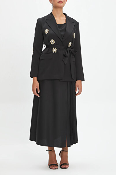 SERPİL Belden Kuşaklı Cepli Taş Aksesuarlı Siyah Takım 40317