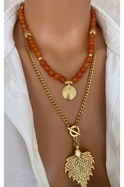 TARZ-I TAKI Kadın DOĞAL TAŞ TURUNCU Akik Çelik Zincir Sonbahar Kolye İKİLİ