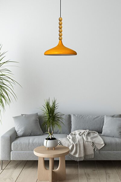 Bamyum Sarı Ahşap Altı Boncuklu Tekli Avize Sarkıt Salon Mutfak Butik Lamba