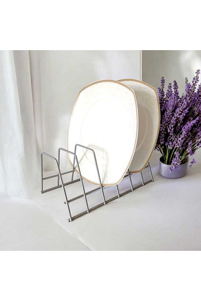 EceAksesuar Plate Rack - Pot Lid Organizer - Plate Drying Rack - Gray Stand with 6 Compartments