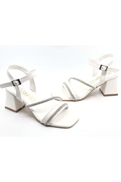 Kids Club Shoes Mehtap Stripe Stone Detailed 8 cm Toc Pantofi de seară de damă ALBI