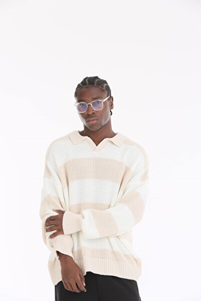 The Champ Clothing Polo κολάρο πλεκτό πουλόβερ μπεζ ριγέ Oversized ανδρικό πουλόβερ