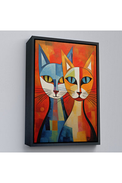 Oxyteez Stil Pablo Picasso cu cadru din lemn - Pictură abstractă cu pisici co...