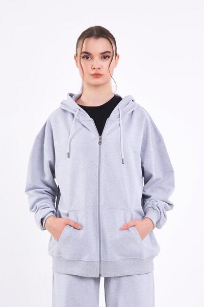 COMEOR Gray Kangaroo Pocket Hooded Zippered Oversize Women's Sweatshirt Cmrb7...