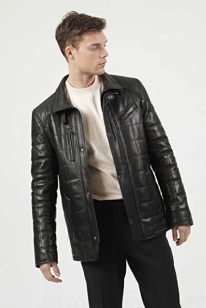 Dericlub Ottowa Erkek Jumbo Dikişli Hakiki Deri Kaban Siyah