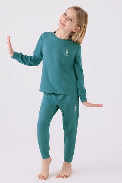 U.S. Polo Assn. Set de pijamale verde cu mânecă lungă pentru fete