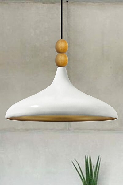 Bamyum Beyaz Champion Ahşap Boncuklu Tekli Avize Sarkıt Salon Mutfak Butik La...