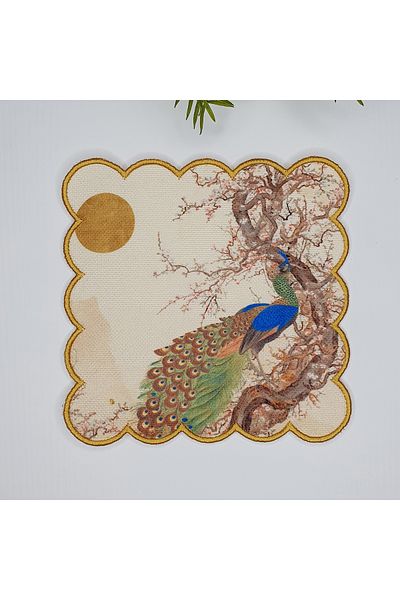 DECO Elegant Peacock Japanese Art Patterned Digital Printed Embroidered Cocktail Napkin
