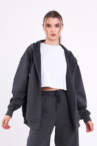 COMEOR Anthracite Kangaroo Pocket Hooded Zip-Up Oversize Women's Sweatshirt Cmrb73-Anthracite