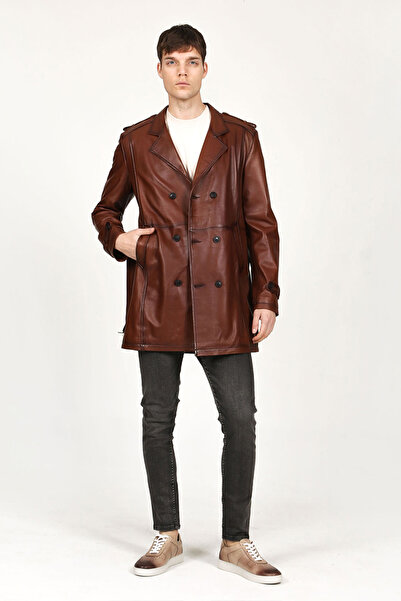 Dericlub DERİCLUB Getafe Erkek Kruvaze Yaka Hakiki Deri Trençkot KANYAK