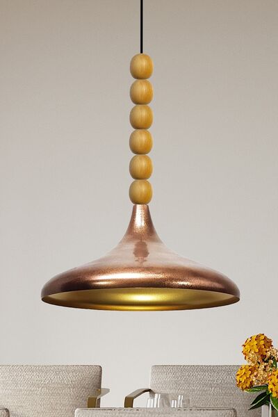 Bamyum Patina Ahşap Altı Boncuklu Tekli Avize Sarkıt Salon Mutfak Butik Lamba