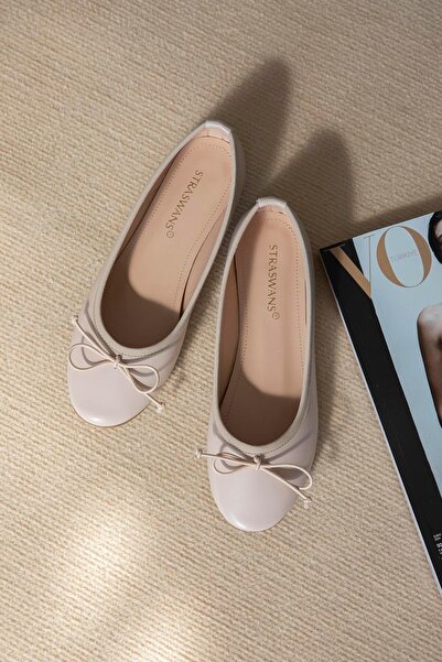 STRASWANS Maya Women's Bow Detail Leather Ballerinas Beige