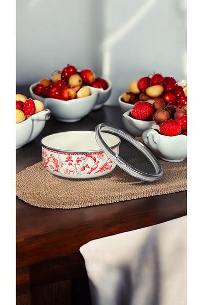emaye market 18 cm White Decorated Enamel Storage Container