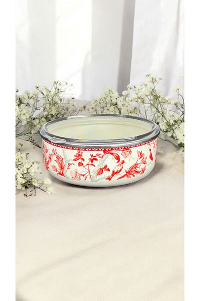 emaye market 18 cm White Decorated Enamel Storage Container